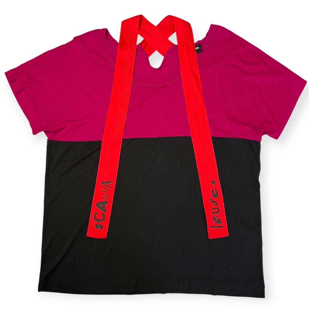Sonia Rykiel Scandaleuse Tie Neck Tee SIZE L Purple Black Short Sleeve Designer